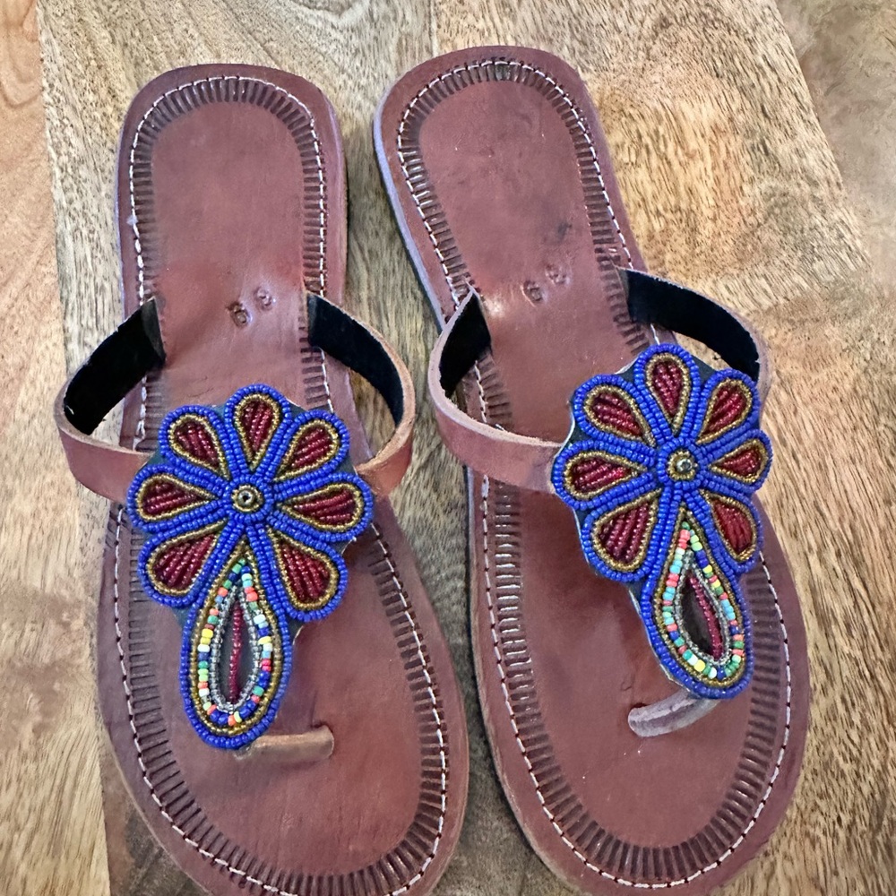 Kenyan Beaded Leather Sandals - Brown and Multicolor